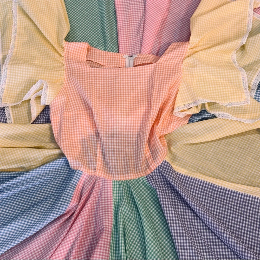 Vintage 70s Colorful Square Dance Full Circle Rockabilly Angel Sleeve Dress M - Picture 8 of 8